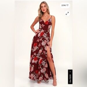 Lulus into bloom burgundy, floral maxi dress